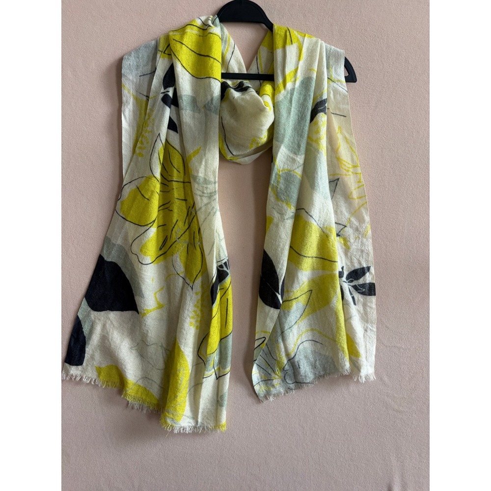 Gobi Mongolian Cashmere Floral Leaf Print Scarf Yellow Grey Cream Fringe Large